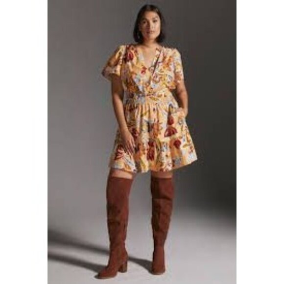 Anthropologie Somerset Tiered Mini Botanical Floral Dress Peach Blue Size‎ Large - Picture 1 of 8